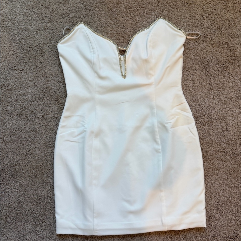 White Strapless Mini Dress with Rhinestone Trim